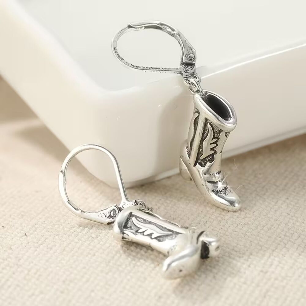 Handcrfted Silver Cowboy Boots Dangle Earrings Western Pendant Drop Charm Rustic - Picture 2 of 5